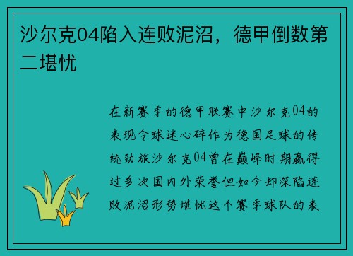 沙尔克04陷入连败泥沼，德甲倒数第二堪忧