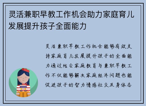 灵活兼职早教工作机会助力家庭育儿发展提升孩子全面能力