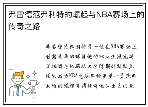 弗雷德范弗利特的崛起与NBA赛场上的传奇之路