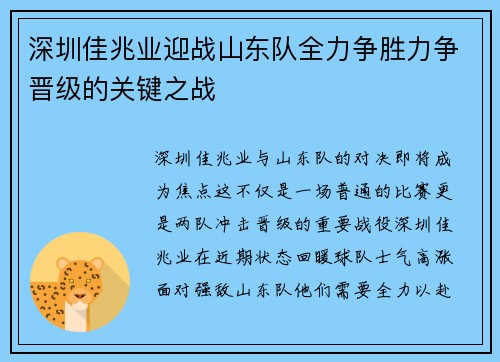 深圳佳兆业迎战山东队全力争胜力争晋级的关键之战